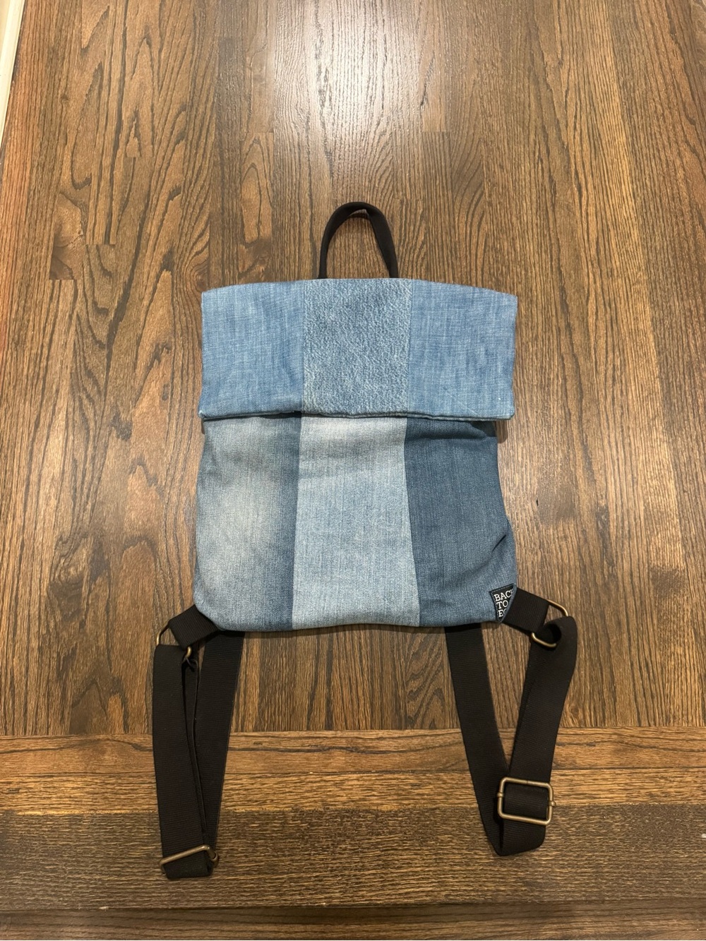 Denim Patchwork Roll-Top Backpack - Blue